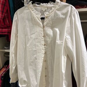 Spartina 449 Embroidered Cream Longsleeve Cotton Top (Size L)